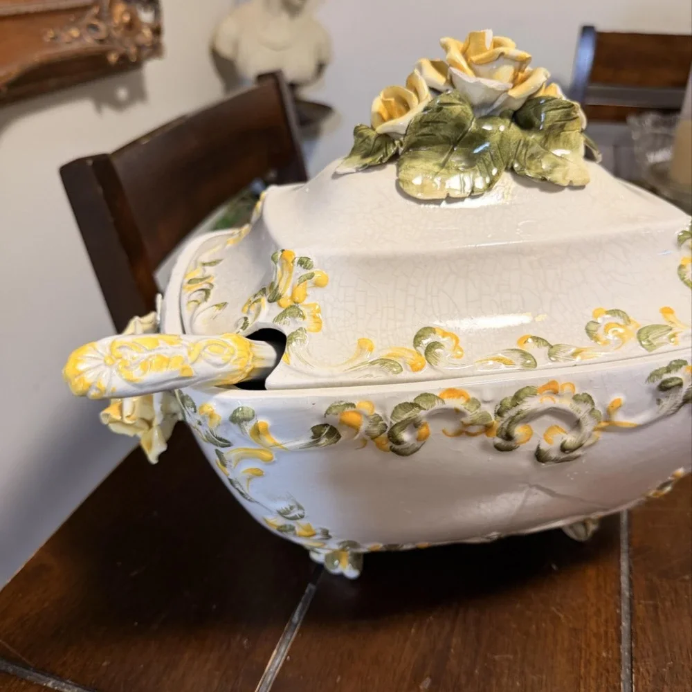 Ornate Ceramic Floral Soup Tureen Bowl With Lid Ladle Yellow Rose Rococo 10x13